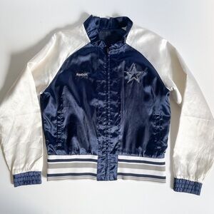 VTG Reebok Dallas Cowboys Satin Blue and White Team Cheer Varsity Jacket